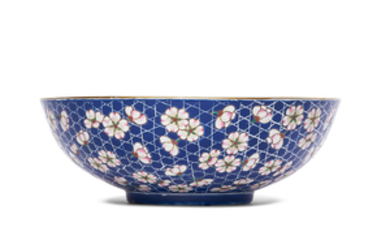 A BLUE-GROUND FAMILLE ROSE ‘PRUNUS’ BOWL, DAOGUANG PERIOD (1821-1850), XIEZHU ZHUREN ZAO HALL MARK IN IRON RED WITHIN A SQUARE