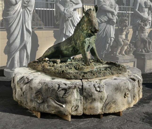Florentine style bronze boar fountain, limestone base