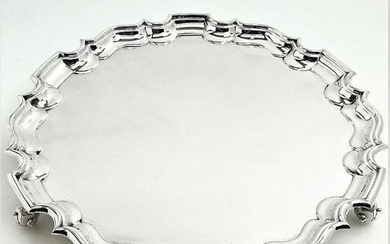 LARGE SOLID SILVER CHIPPENDALE SALVER 1923 18" STERLING