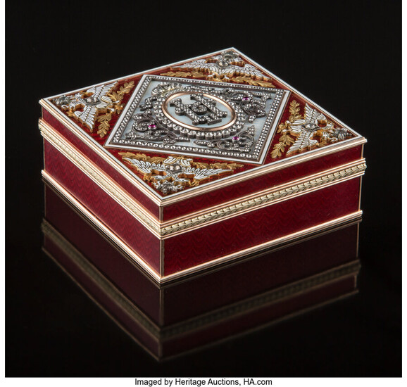 A 14K Vari-Color Gold, Guilloche Enamel, and Diamond-Mounted Box in the Manner of Fabergé (late 20th century)
