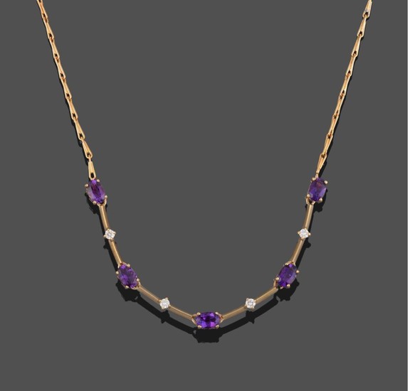 A 9 Carat Gold Amethyst and Diamond Necklace, five oval...