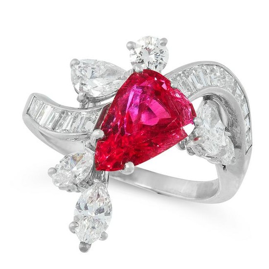 A BURMA NO HEAT RUBY AND DIAMOND RING in platinum, set