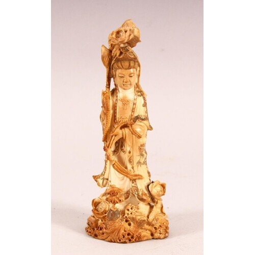 A CHINESE CARVED & POLYCHROME DECORATED IVORY FIGURE OF GUAN...