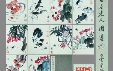 A CHINESE FLOWER PAINTING ON PAPER, ALBUM OF FIVE LEAVES, QI BAISHI MARK