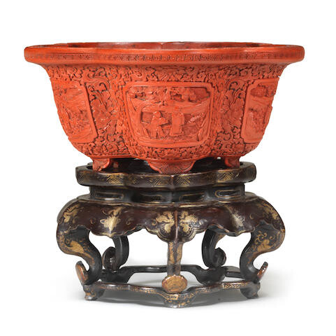 A CINNABAR LACQUER CARVED PRUNUS-SHAPED JARDINIÈRE