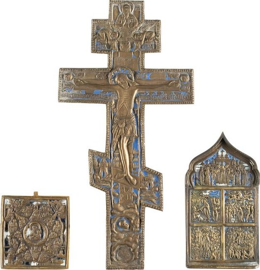 A CRUCIFIX, A SMALL BRASS ICON AND A FRAGMENT OF A