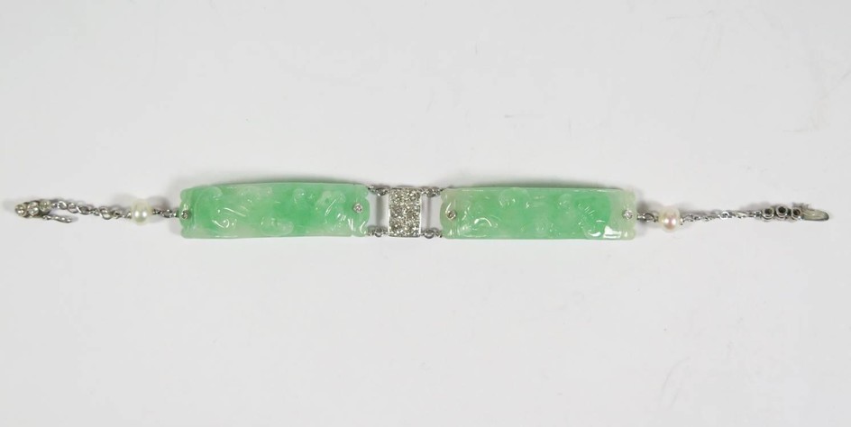 A Chinese Carved Jadeite, Pearl and Diamond Bracelet in an u...