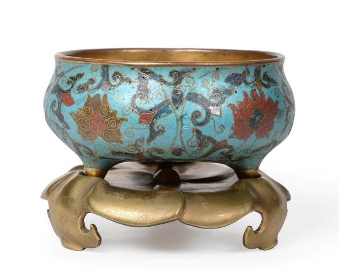 A Chinese Cloisonné Enamel Censer on Stand, Kangxi period, of squat globular form on tripod...