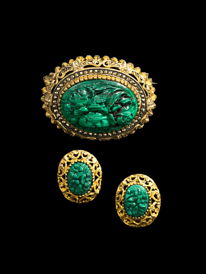 A Chinese Malachite Brooch and a Pair of Earclips