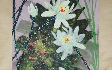 A Chinese Scroll Painting of Flowers and Cranes