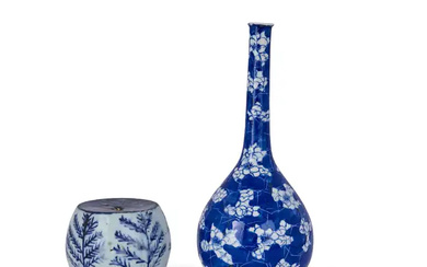 A Chinese blue and white lead filled stand with a European bottle...