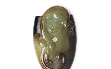 A Chinese green and black jade 'chilong' plectrum Qing dynasty Carved in...