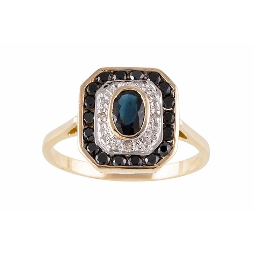 A DIAMOND AND SAPPHIRE CLUSTER RING, octagonal form, mounted...