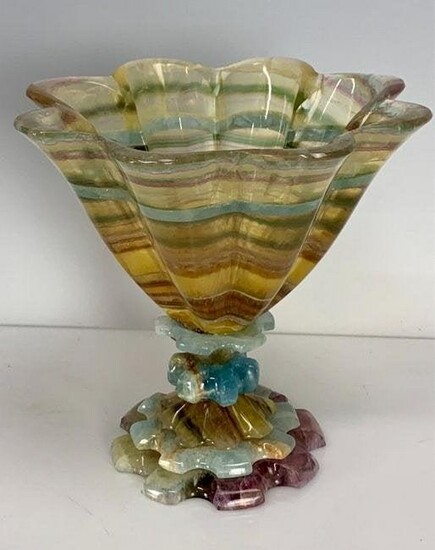 A FINE MULTICOLORED CARVED AGATE VASE SIGNED S PAUL