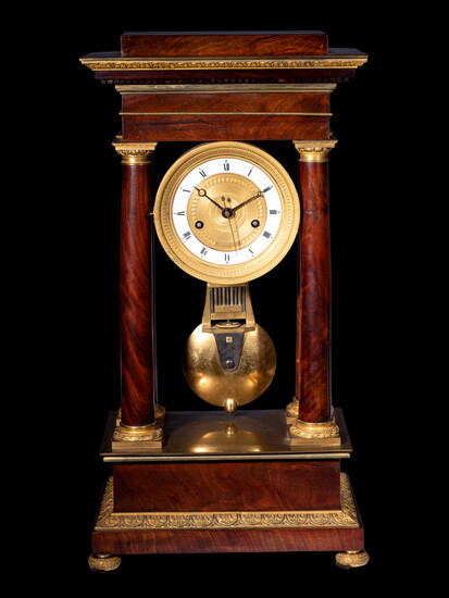 A French Gilt Bronze Mounted Mahogany Portico Clock, Ferrenbach, Chalons