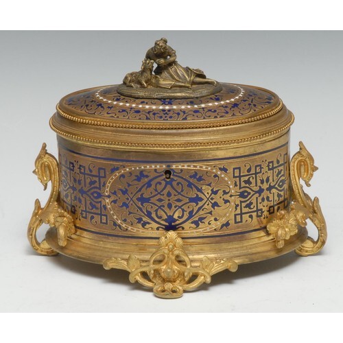 A French Napoleon III oval Champlevé blue enamel and gilt br...