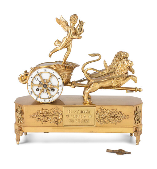 A French Ormolu Mantle Clock in the Form of a Chariot with Apollo and Lions