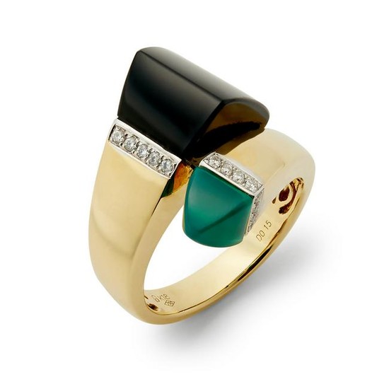 A French onyx, chrysoprase and diamond crossover ring.