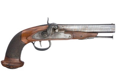 A French percussion pistol, circa 1820 Canon octogonal en acier damassé à fines rayures de...