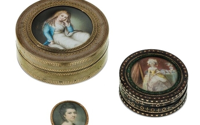 A George III lacquer and pique box, late 18th century, the cover inset with a portrait miniature on ivory with a seated lady with long flowing hair, tortoiseshell lined, 9cm diameter; together with a tortoiseshell and pique box, late 18th century...