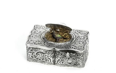 A German silver singing bird box with key J D Schleissner and Sohne, Hanau, stamped 930