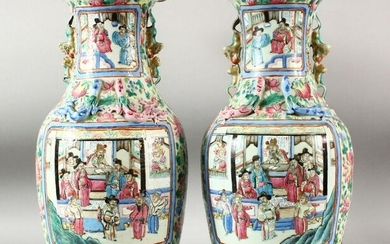 A LARGE PAIR OF CHINESE FAMILLE ROSE TWIN HANDLE VASES
