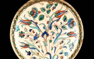 A LATE 16TH/17TH CENTURY ISNIK DISH decorated with brightly coloured...