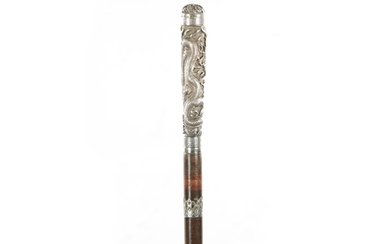 A LATE 19TH CENTURY CHINESE SILVER WALKING STICK with engrav...