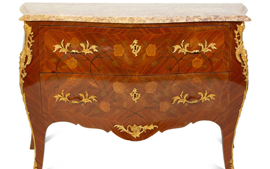 A Louis XV Style Gilt Bronze Mounted Marble-Top Bombe Commode