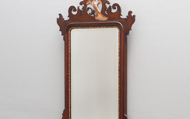 A MID-18TH CENTURY STYLE MAHOGANY FRET CARVED FRAME UPRIGHT WALL MIRROR, CIRCA 1900.