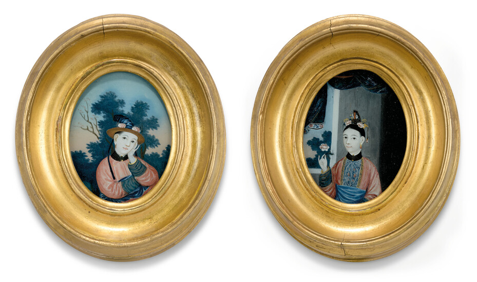 A PAIR OF CHINESE EXPORT OVAL REVERSE-GLASS PAINTINGS