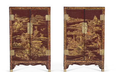A PAIR OF CHINESE GILT BROWN LACQUER CABINETS 17TH-18TH CENTURY