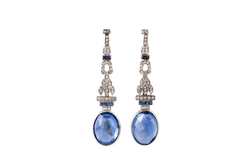 A PAIR OF EARLY 20TH CENTURY SAPPHIRE AND DIAMOND DROP EARRI...