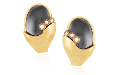A PAIR OF HEMATITE AND DIAMOND EARCLIPS, PIAGET Each set wi...