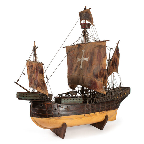 A Painted Wood and Canvas Model of a Three-Masted Ship