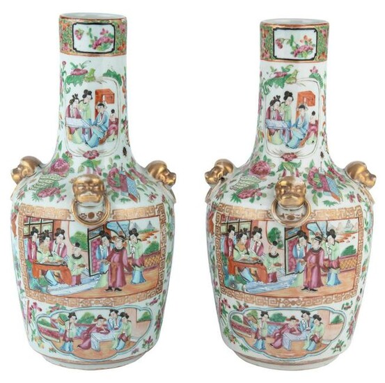 A Pair of Chinese Rose Mandarin Porcelain Bottle Vases