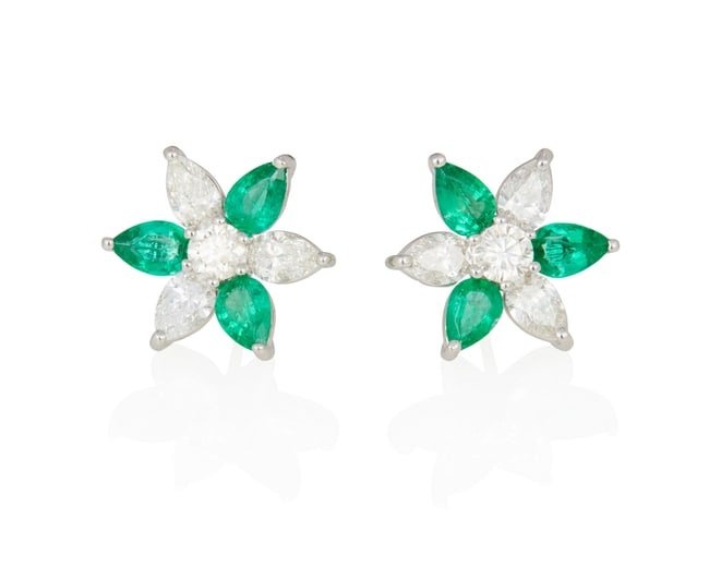 A Pair of Emerald, Diamond and Platinum Earrings