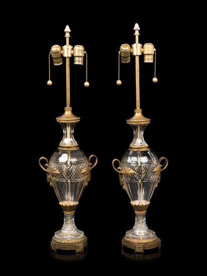 A Pair of French Gilt Bronze Mounted Cut Glass Vases Mounted as Lamps