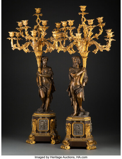 A Pair of French Napoleon III Gilt and Patinated Bronze Figural Ten-Light Candelabra (19th century)