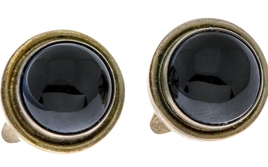 A Pair of Hematite Earclips by Georg Jensen The cabochon hematite mounted in silver. Stamped 'G...