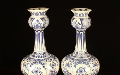 A Pair of Large 18th Century Style Blue & White Delft Onion-necked Vases. The flared rims above bulb