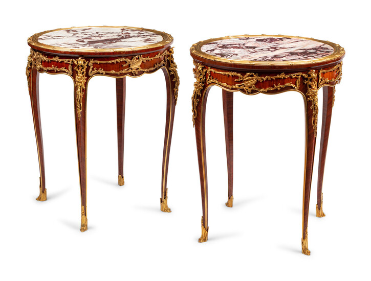 A Pair of Louis XV Style Gilt Bronze Mounted Marble-Top Tables