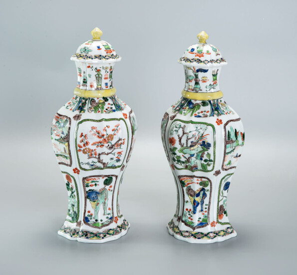A Pair of Wucai Stoneware Lidded Vases, China, Qing Dynasty, 18th Century