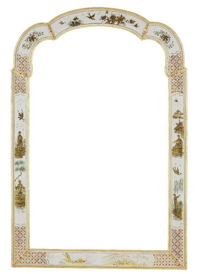 A Parcel Gilded and Reverse Painted Glass Mounted Chinoiserie Style Frame, late 20th century, of arched form, with cavetto sight, decorated with figures in landscapes, on ornamental bridges and on boats, exotic birds, flowers and foliage and lower...