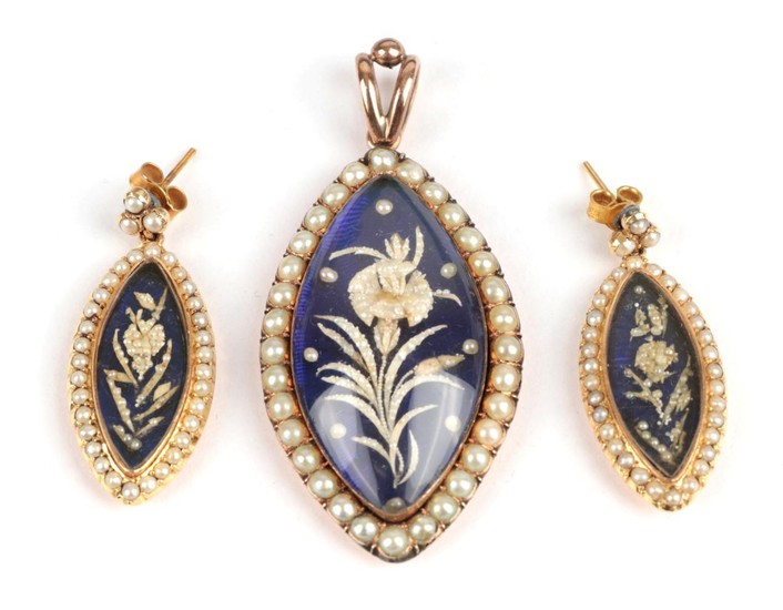 A Pearl Pendant and Earring Set, circa 1850, each with...