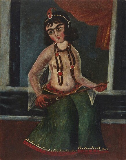 A Qajar oil painting of a young female musician, Iran, late 19th century, depicted wearing a transparent shirt and green skirt and holding her stringed instrument on her lap, depicted wearing a pearl set diadem and necklace, in an interior, canvas...