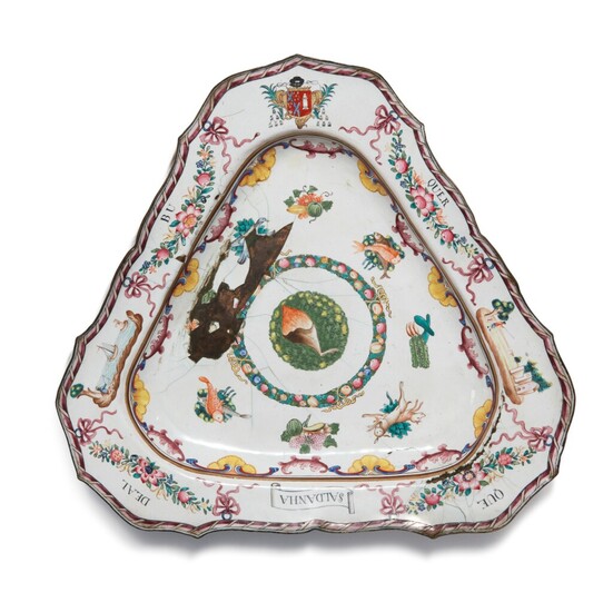 A Rare Chinese Export Painted Enamel Triangular Armorial Dish for the Portuguese Market Qing Dynasty, Qianlong Period, Circa 1765 | 清乾隆 約1765年 銅胎畫琺琅紋章圖三角盤