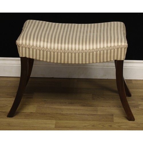 A Regency rosewood rectangular stool, stuffed-over seat, sab...