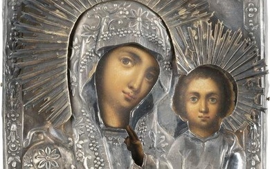 A SMALL ICON SHOWING THE KAZANSKAYA MOTHER OF GOD WITH A