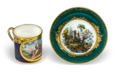 A Sevres porcelain bleu nouveau-ground cup (gobelet litron) and a SÃ¨vres porcelain green-ground saucer, c.1760-76, the cup with blue foliate interlaced Ls enclosing date letter Y for 1776 above painterâ€™s mark of five dots for Jacques Fontaine...